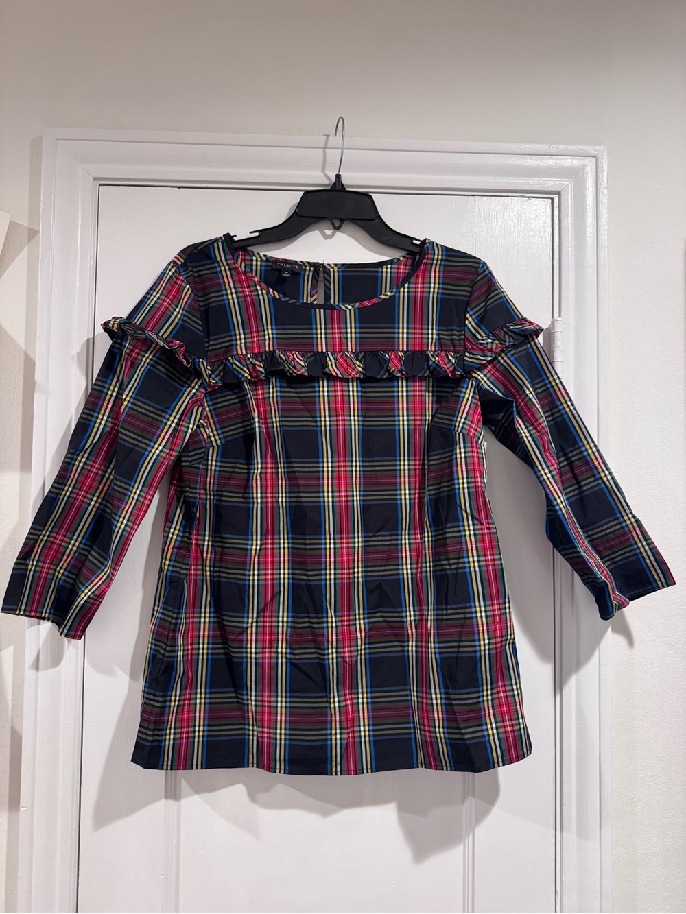 Talbots Women’s Navy Plaid Long Sleeve Top with Pink and Yellow Stripes